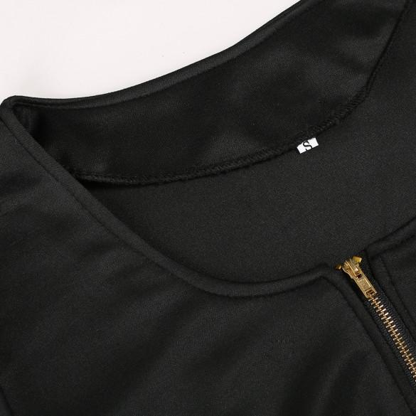 Long Sleeves Zipper High Waist Pleated Little Black Dress