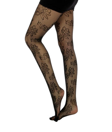 WOMEN'S BLACK FISHNET FLORAL DESIGN TIGHTS, PANTYHOSE