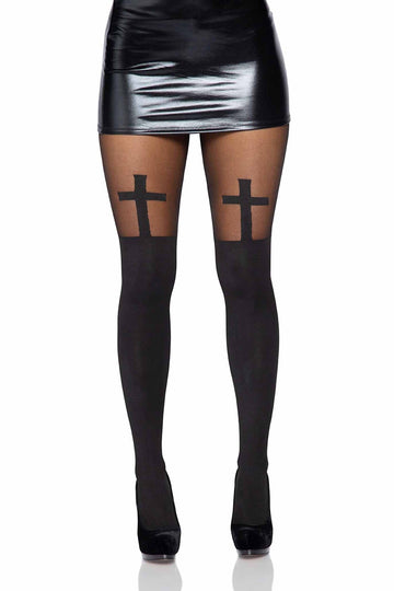 SPANDEX OPAQUE CROSS PANTYHOSE WITH SHEER THIGH ACCENT
