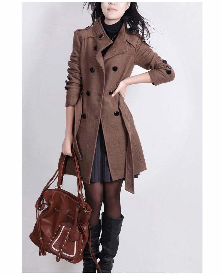Stand Collar Double Button Belt Slim Plus Size Woolen Coat