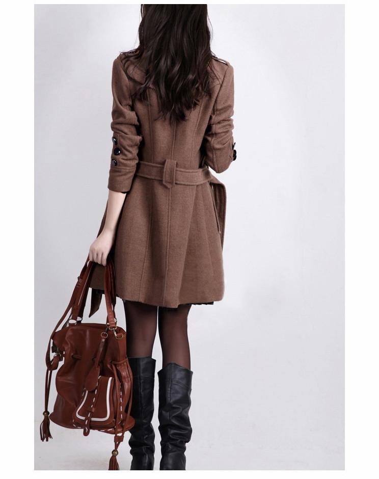 Stand Collar Double Button Belt Slim Plus Size Woolen Coat