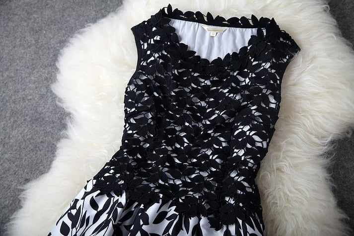 Unique Leave Print Crochet Hollow Out Lace Ball Gown Dress