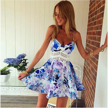 Flower Print Spaghetti Strap Sleeveless Open Back Short Dress - Meet Yours Fashion - 2