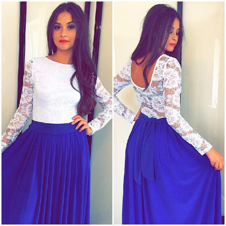 Lace High-waist Long Sleeves Pleated Splicing Long Dress