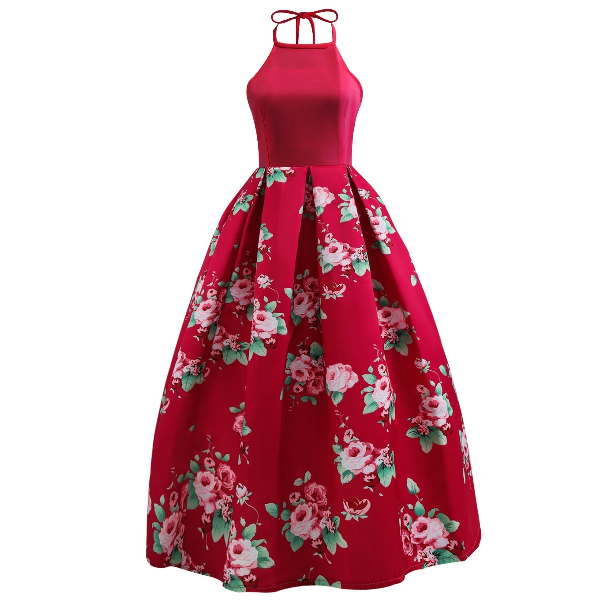Halter Sleeveless Flower Print Patchwork Flared Maxi Dress