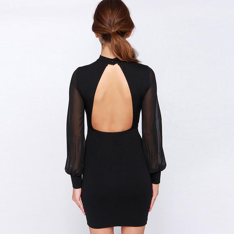 Slim Pure Color Splicing Backless Long sleeve Short Dress