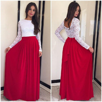 Lace High-waist Long Sleeves Pleated Splicing Long Dress