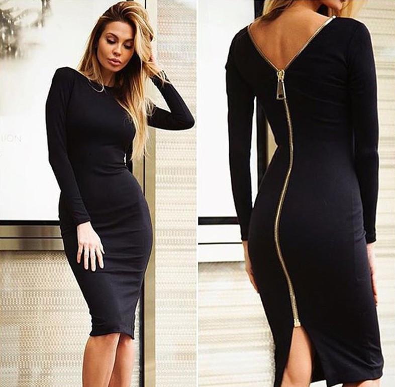 Zipper Long Sleeve Pure Color O-neck Knee-Length Dress