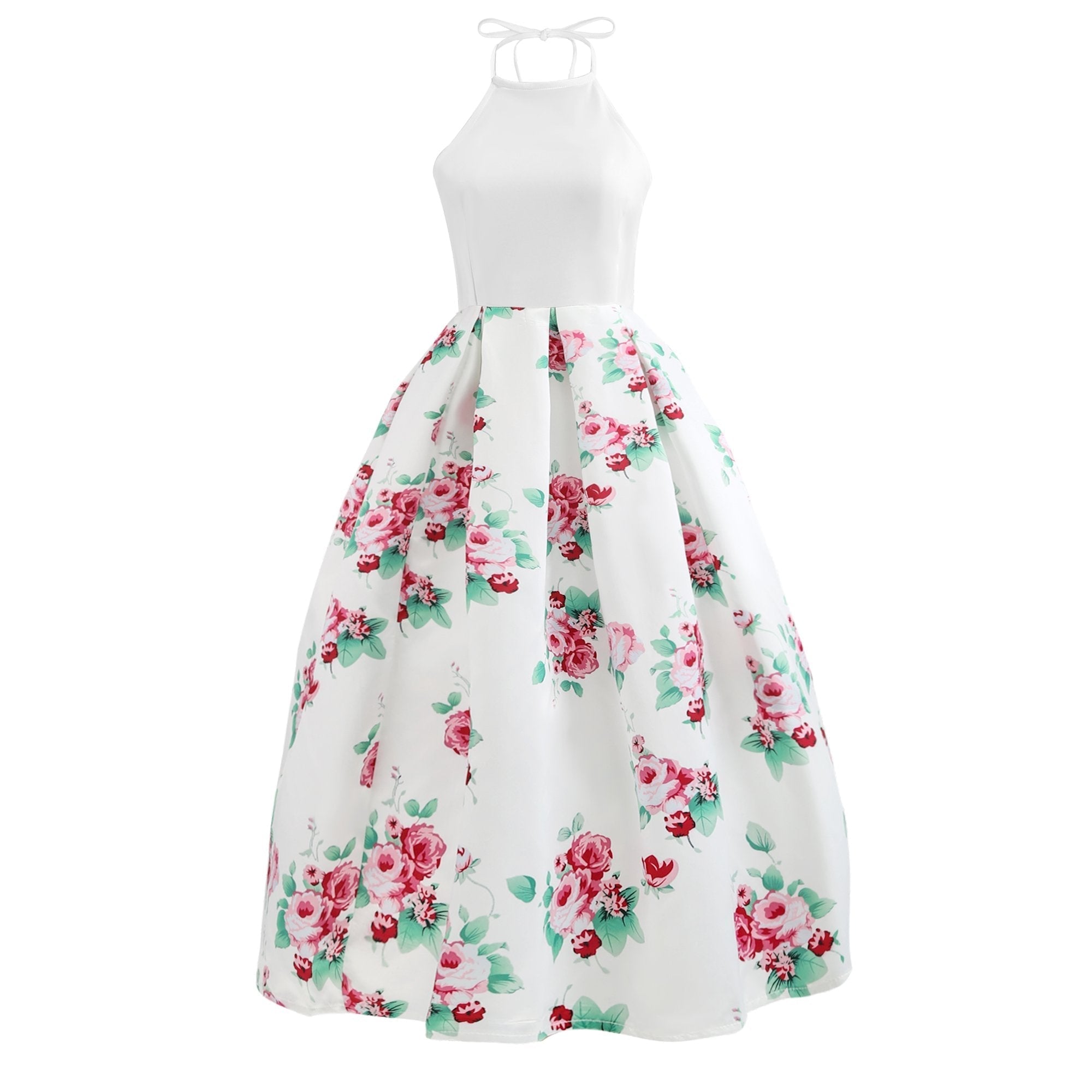 Halter Sleeveless Flower Print Patchwork Flared Maxi Dress