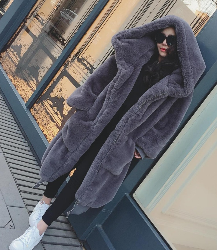 Warm Faux Rabbit Fur Solid Color Women Oversized Hooded Teddy Coat