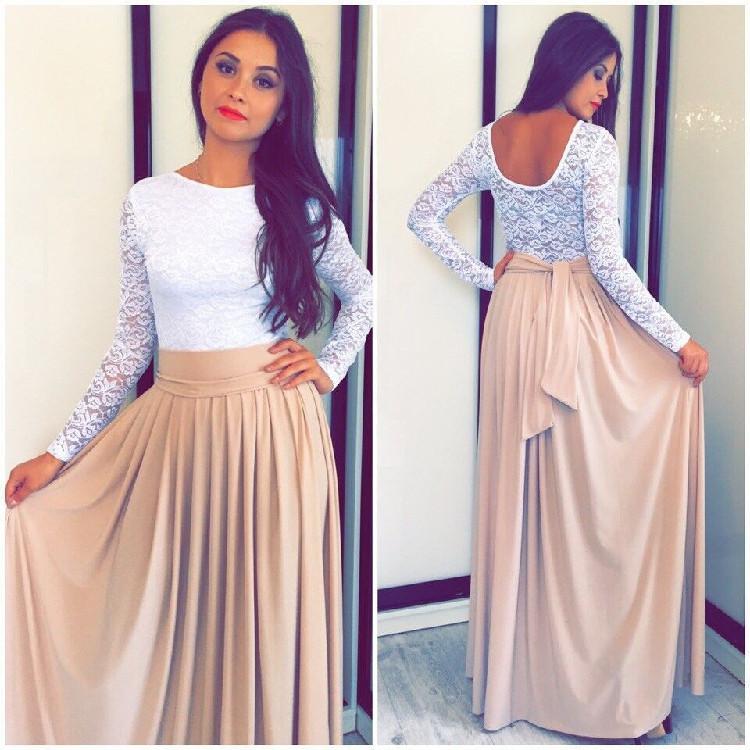 Lace High-waist Long Sleeves Pleated Splicing Long Dress
