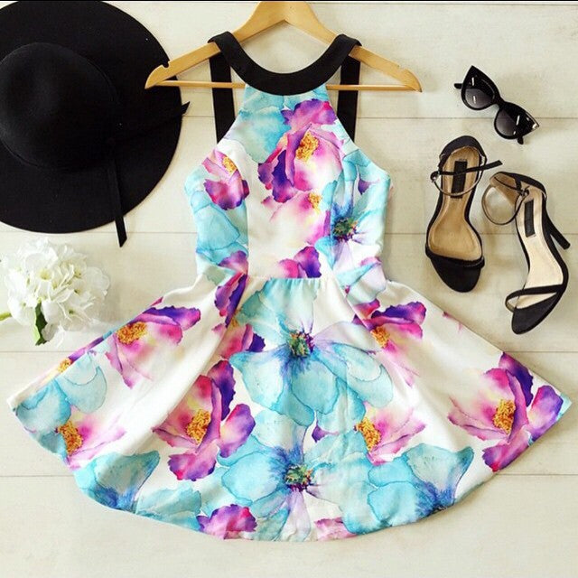 Flower Print Floral Backless Mini Tank Dress