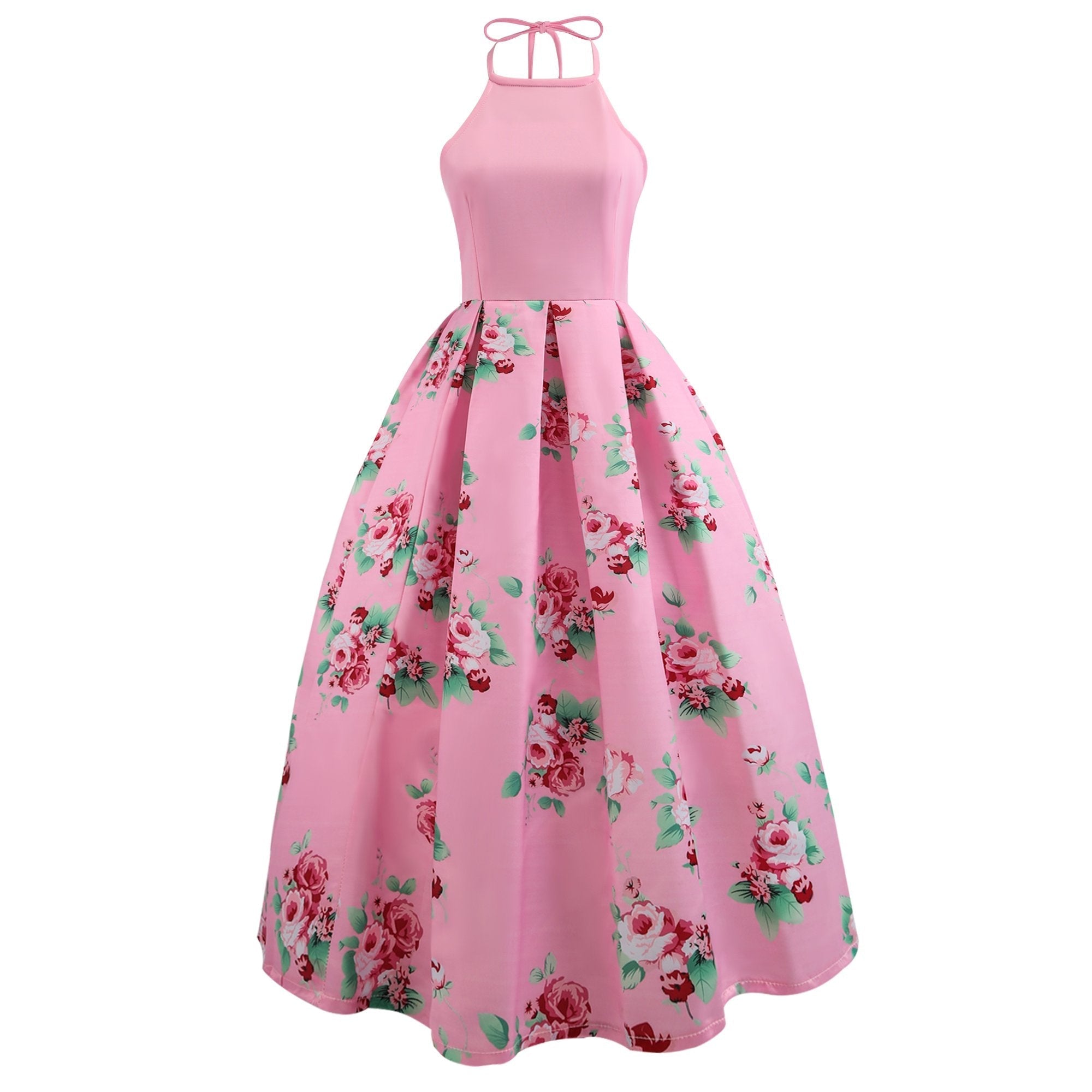 Halter Sleeveless Flower Print Patchwork Flared Maxi Dress