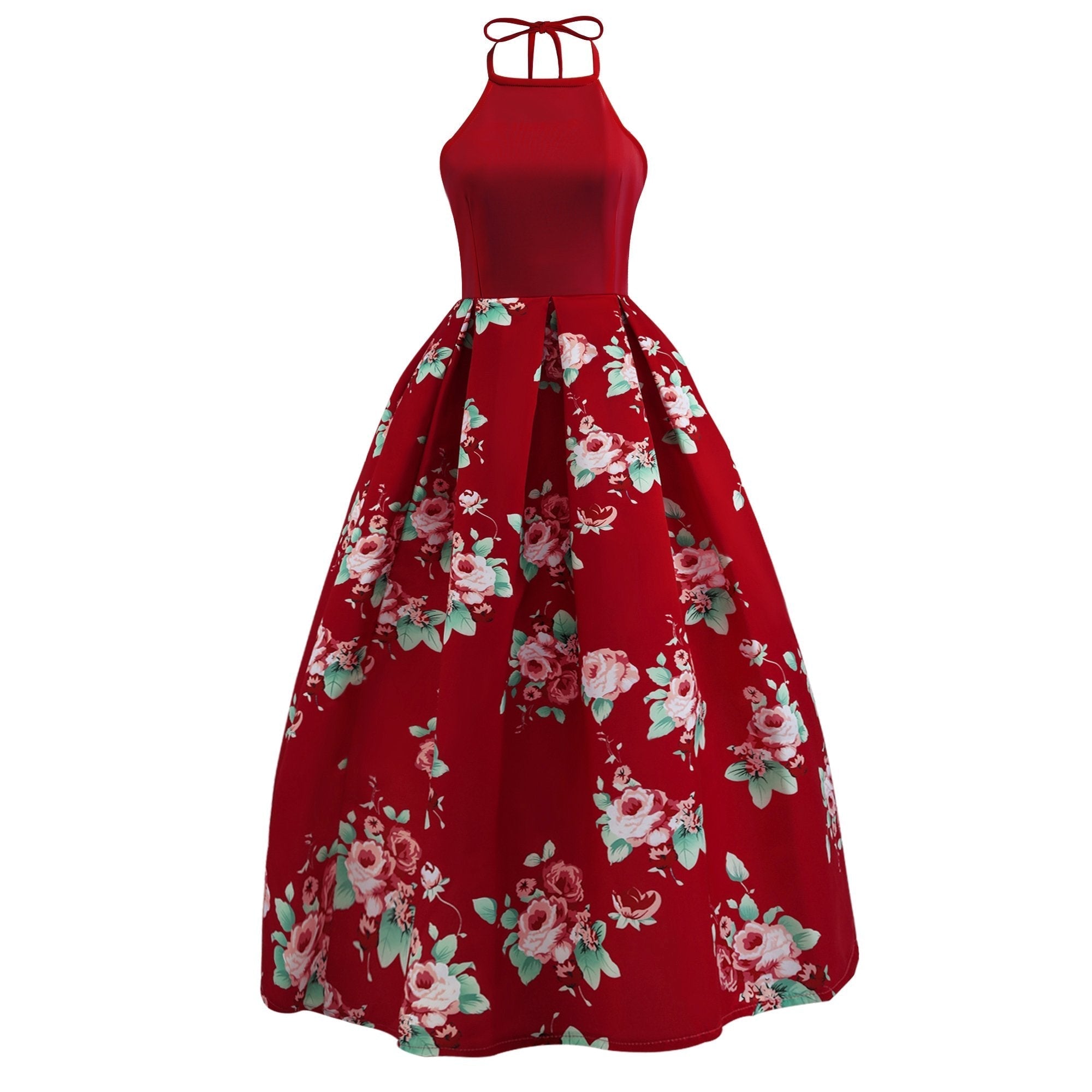 Halter Sleeveless Flower Print Patchwork Flared Maxi Dress