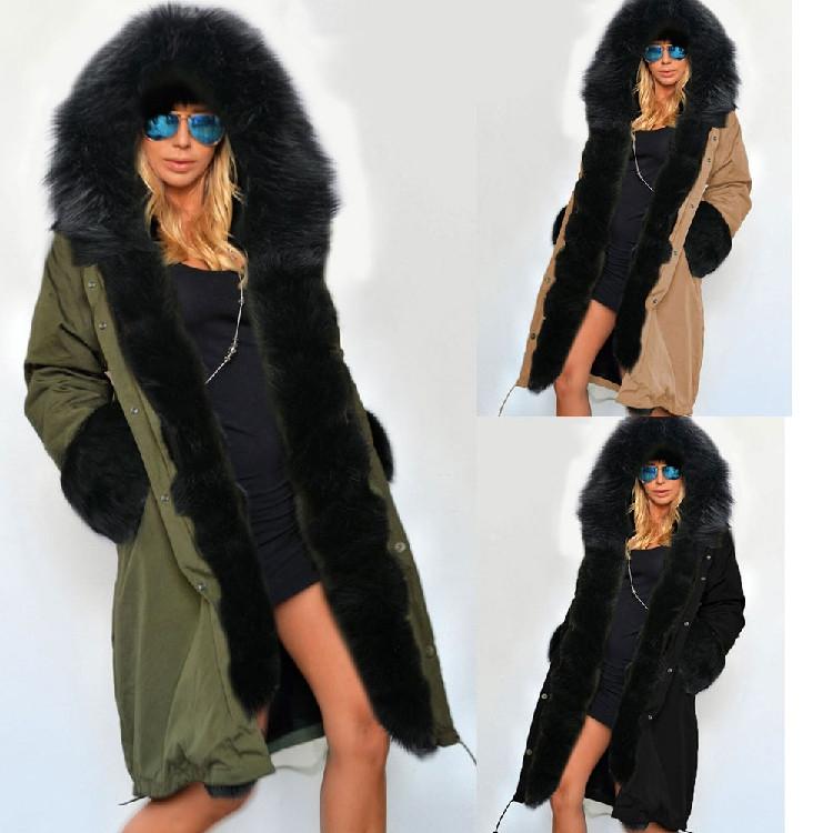 Zipper Hooded Faux Fur Cuff Long Cotton Coat
