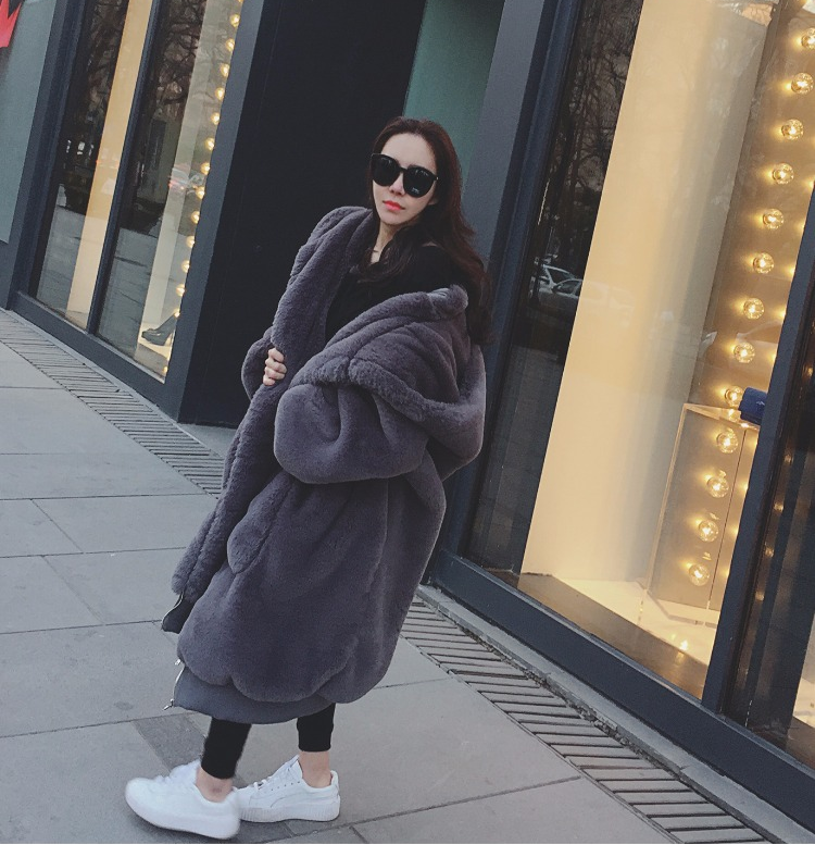 Warm Faux Rabbit Fur Solid Color Women Oversized Hooded Teddy Coat
