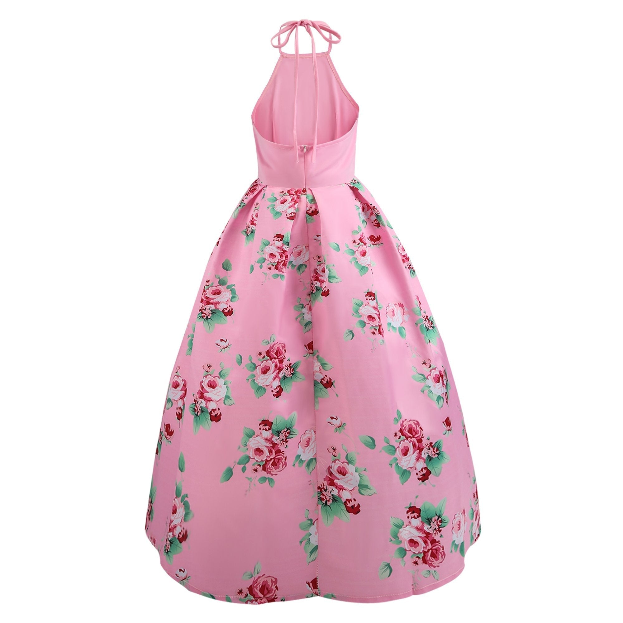 Halter Sleeveless Flower Print Patchwork Flared Maxi Dress