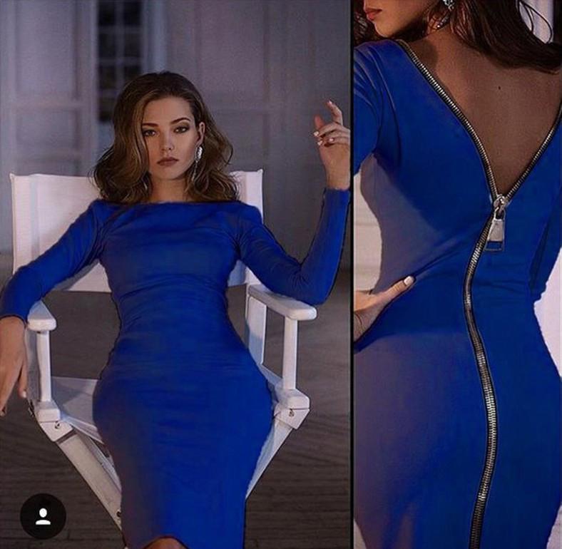 Zipper Long Sleeve Pure Color O-neck Knee-Length Dress