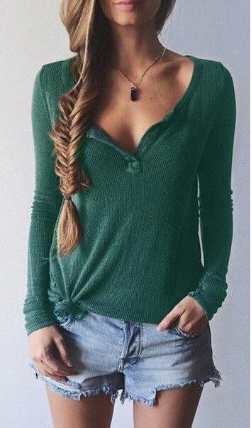 Ribbed Knit V-neck Pure Color Long Sleeves Sweater