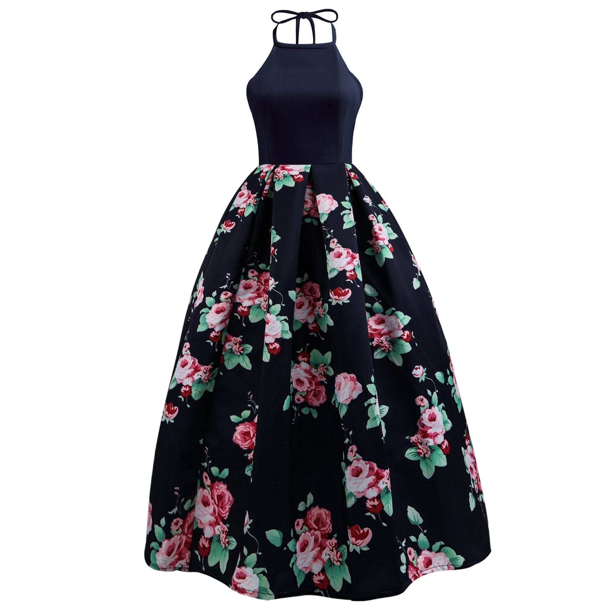 Halter Sleeveless Flower Print Patchwork Flared Maxi Dress