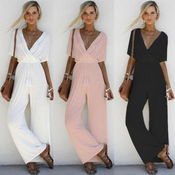 Free Shipping Clearence Pure Color V-neck Half Sleeves Loose Long Jumpsuit