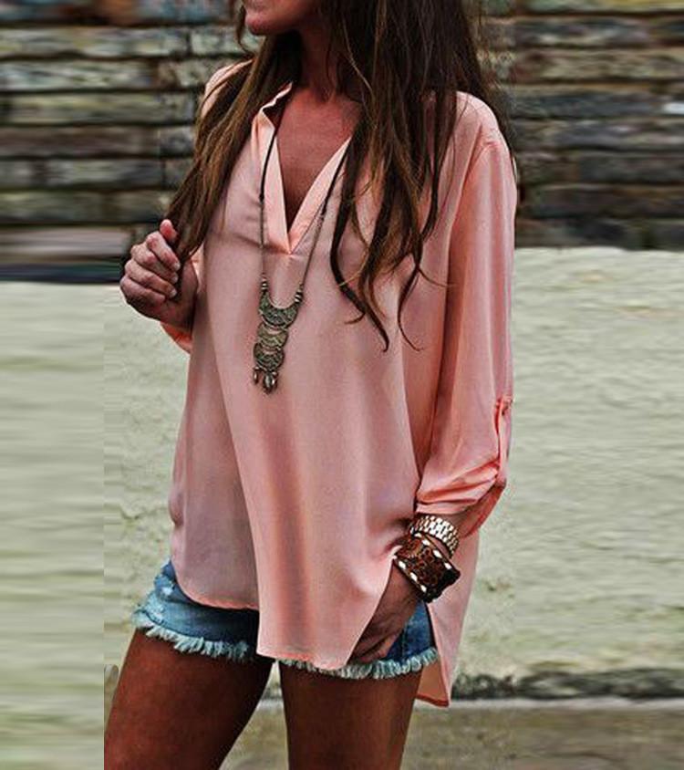 V-neck Long Sleeves Casual Sexy Chiffon Blouse