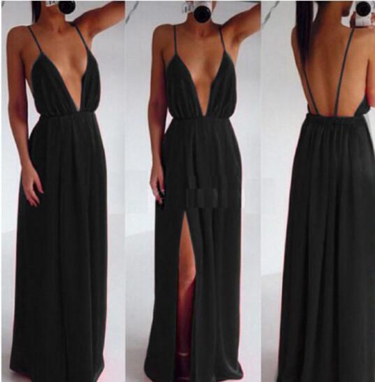 Deep V-neck Straps Split Backless Long Dress