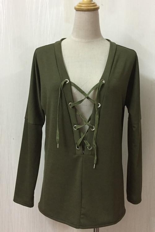Straps Lace Up Deep V-neck Drop Shoulder T-shirt