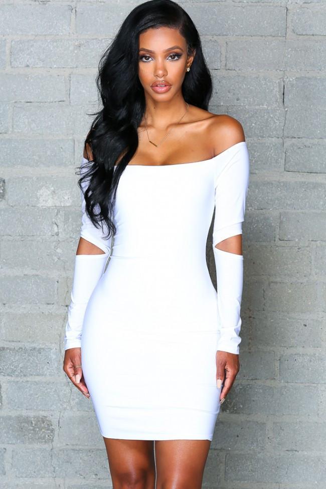Pure Color Off Shoulder Hollow Sleeve Short Bodycon Dress