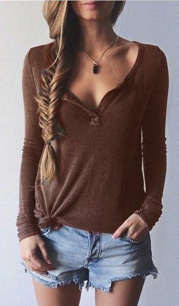 Ribbed Knit V-neck Pure Color Long Sleeves Sweater