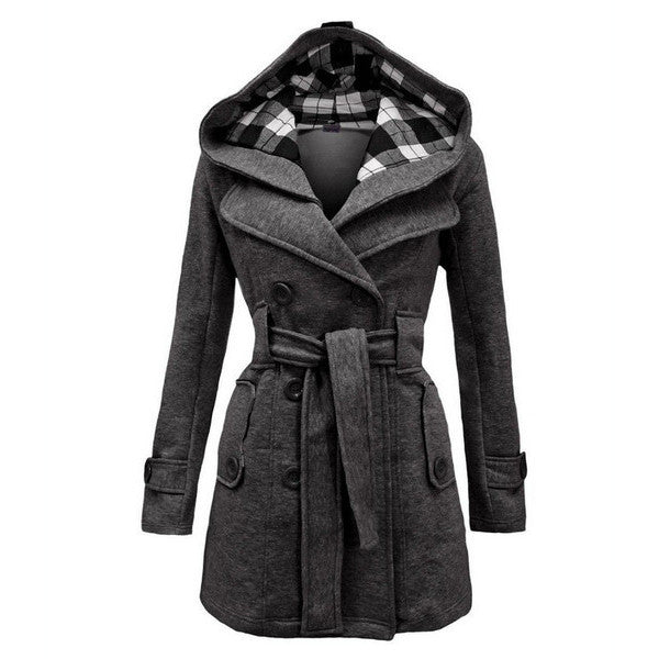 Plus Size Double Breasted Long with Belt Hooded Coat - MeetYoursFashion - 1