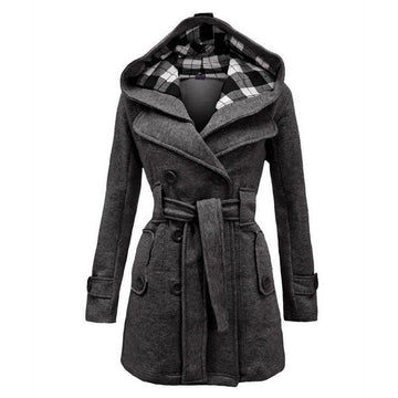 Plus Size Double Breasted Long with Belt Hooded Coat - MeetYoursFashion - 1