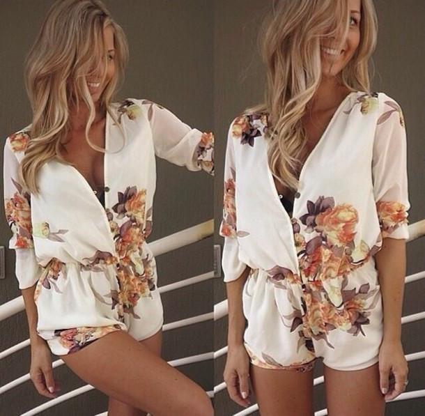 Chiffon Flower Print V-neck Long Sleeves Short Jumpsuits - Meet Yours Fashion - 1