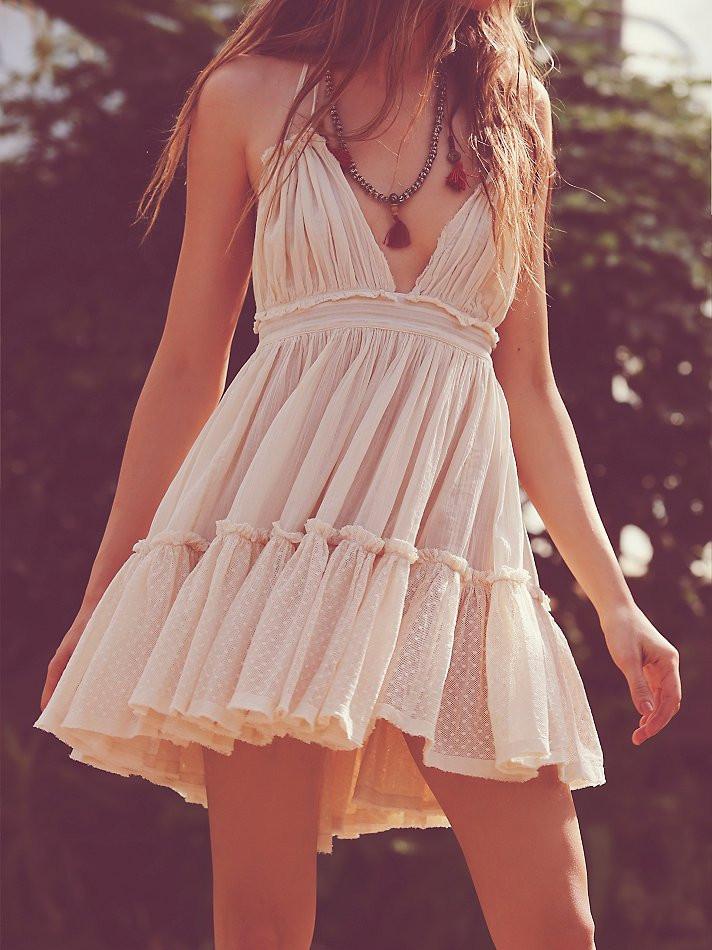 Pure Color Backless Deep V-neck Sexy Short Dress