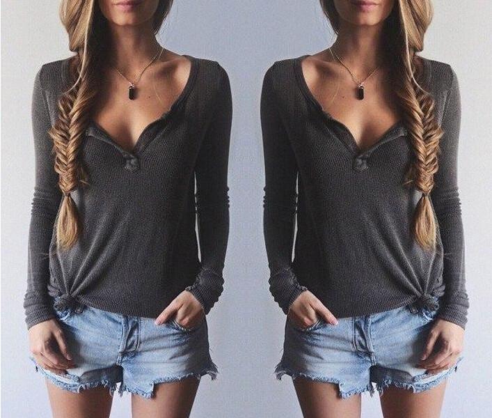 Ribbed Knit V-neck Pure Color Long Sleeves Sweater