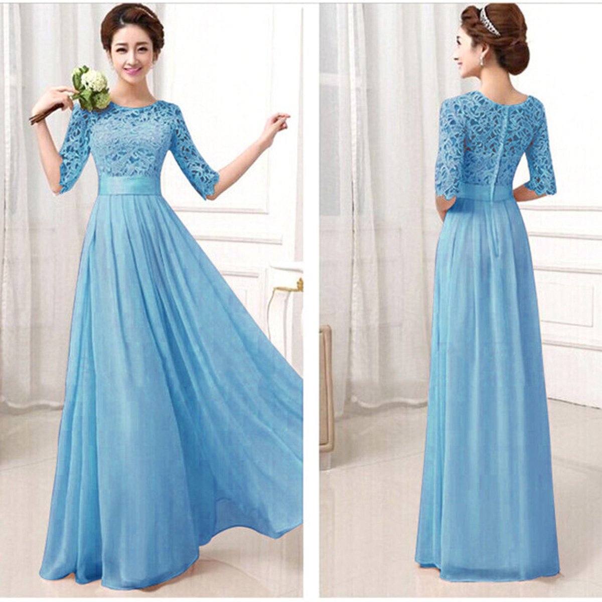 Lace Chiffon Patchwork High Waist Half Sleeves Long Party Dress
