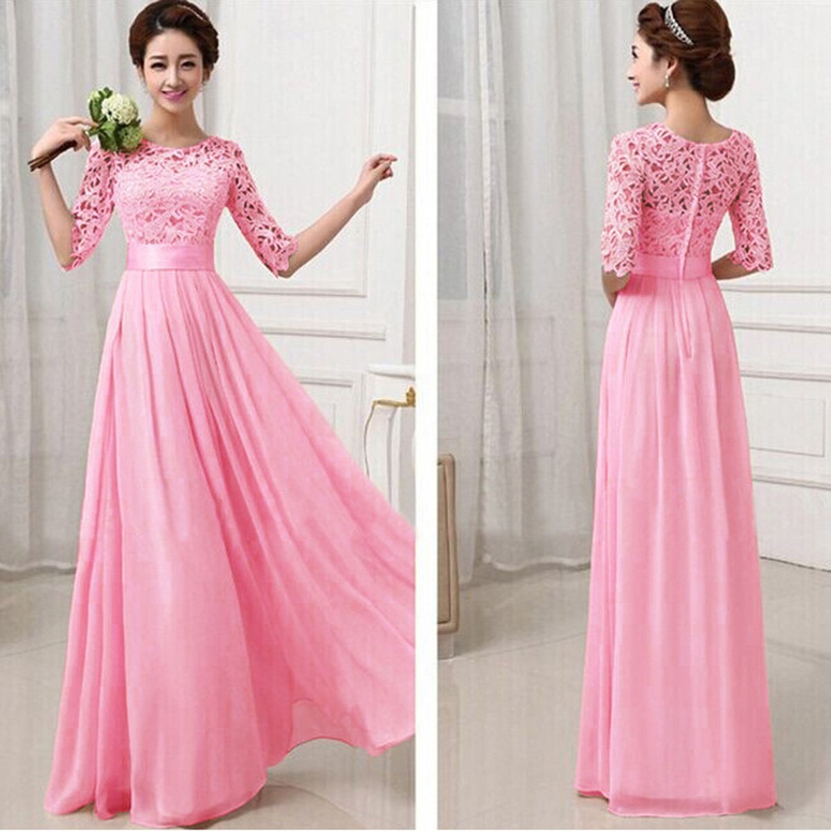 Lace Chiffon Patchwork High Waist Half Sleeves Long Party Dress