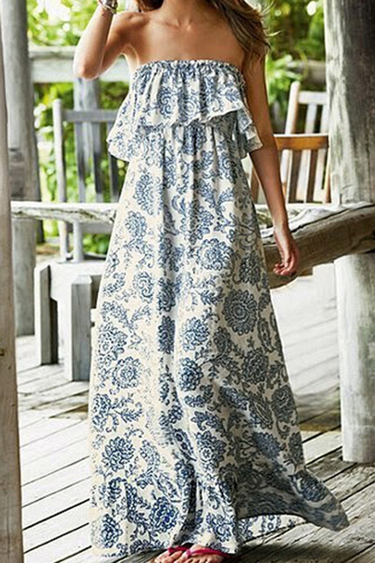 Strapless Off Shoulder Flower Print Loose A-line Long Beach Dress  