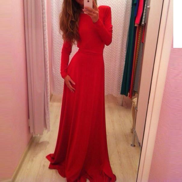 Long Sleeves Pure Color V-Back Backless Long Dress