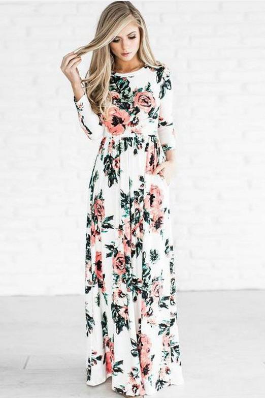 Flower Print 3/4 Sleeves and Short Sleeves High Waist Long Party Dress