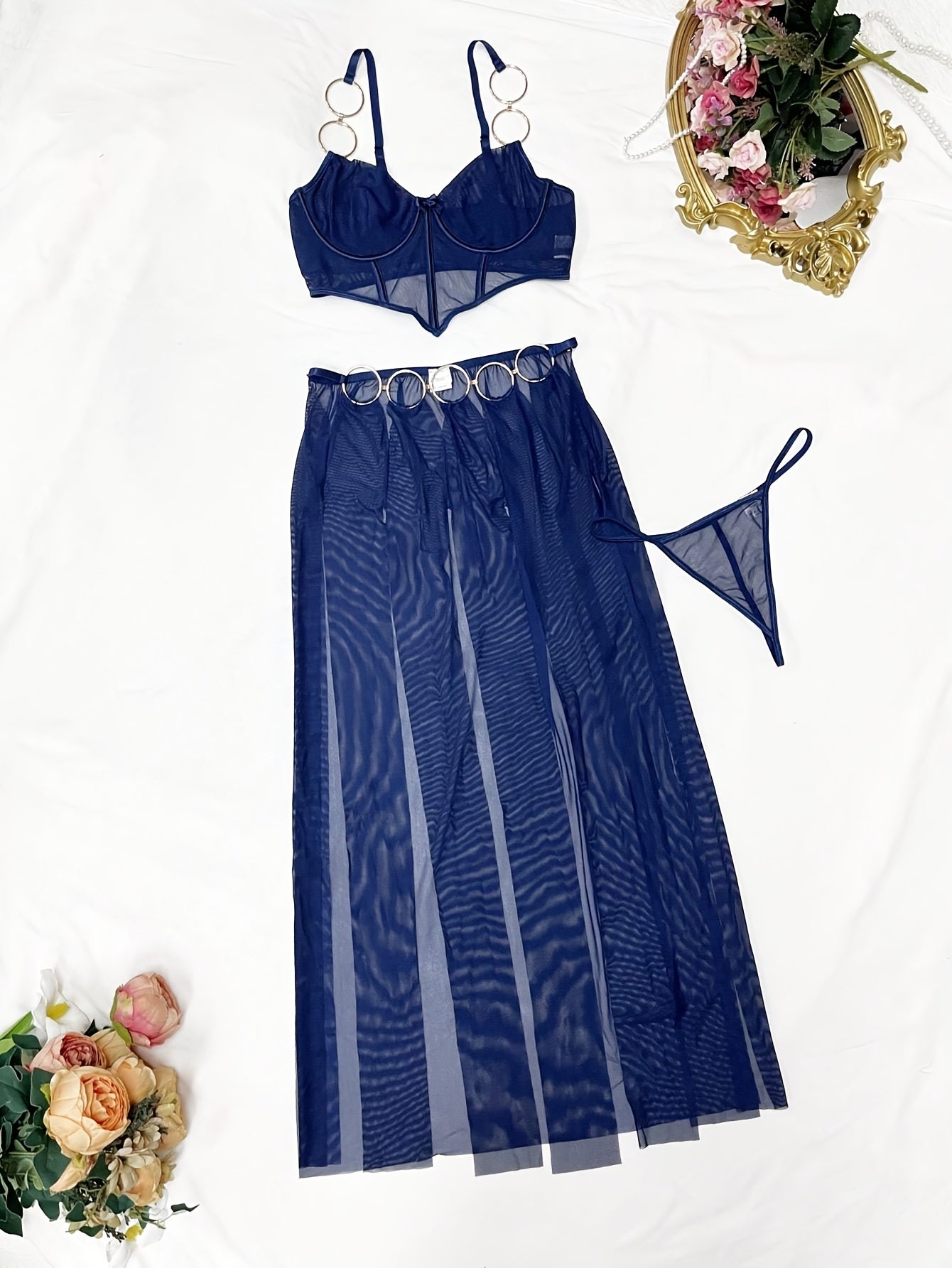 Sexy Women'S homewear Set with Metallic Iron Rings & Fishbone Mesh - Sheer Nightgown with Underwire, Top + Panties + Skirt, Solid Color, Elegant & Edgy Design for Intimate Moments, homewear Sets, Intimate Apparel, Sleek Silhouette, Durable Construction, S