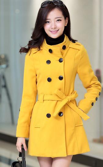 Stand Collar Double Button Belt Slim Plus Size Woolen Coat