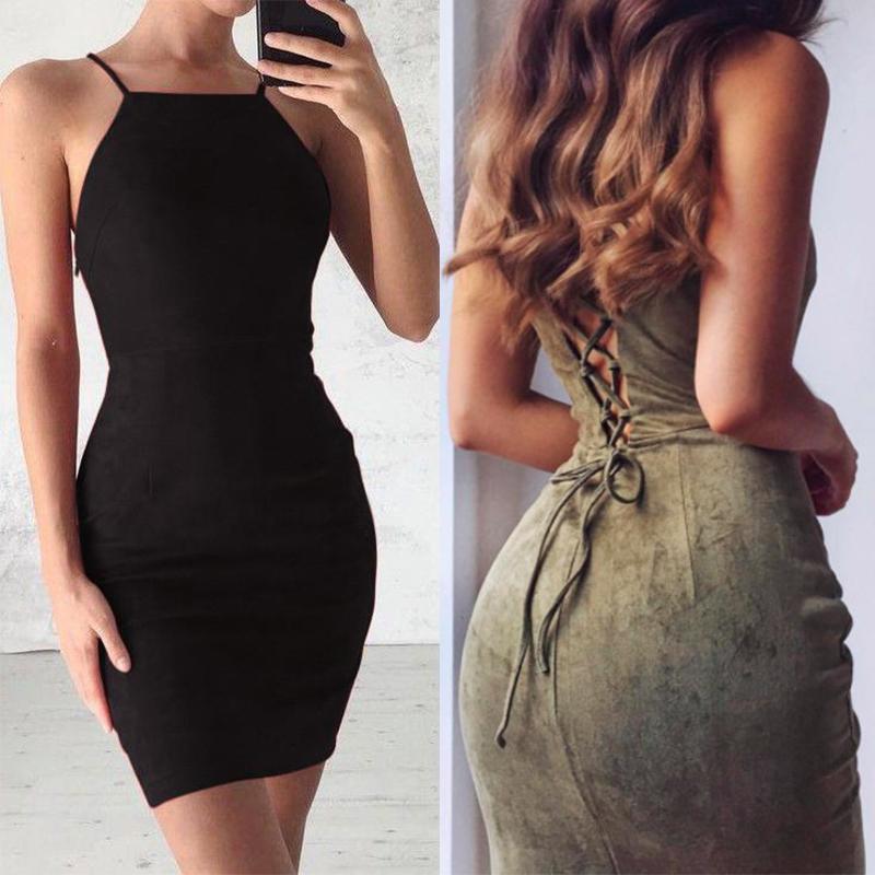 Bear Shoulder Spaghetti Strap Lace Up Back Short Bodycon Dress