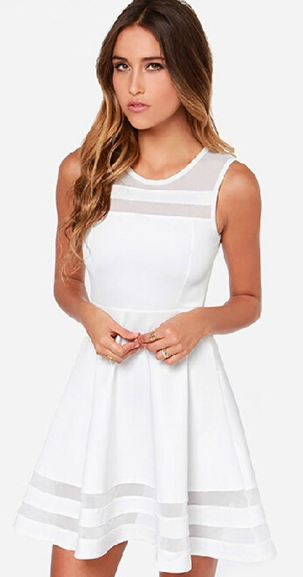 Scoop Splicing Mesh Hollow Out Short Dress