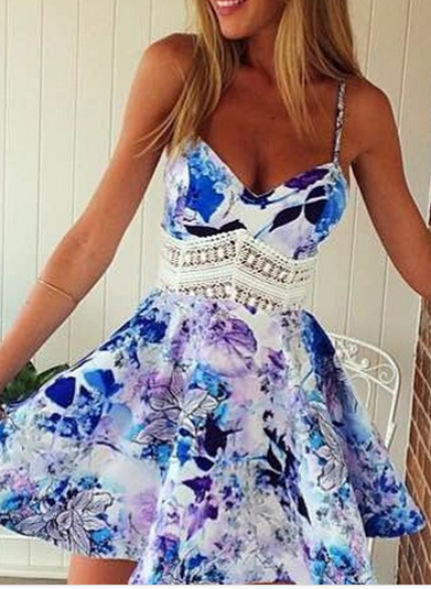 Flower Print Spaghetti Strap Sleeveless Open Back Short Dress - Meet Yours Fashion - 2