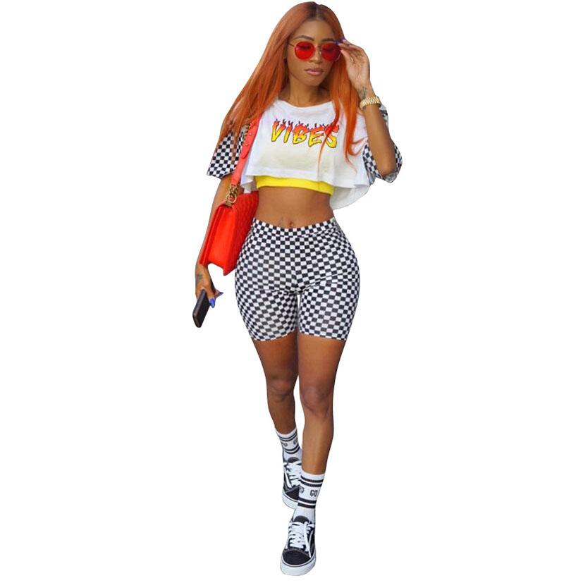 Print Plaid Loose T-shirt with Shorts Two Pieces Set
