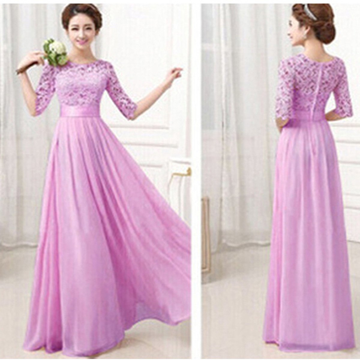 Lace Chiffon Patchwork High Waist Half Sleeves Long Party Dress