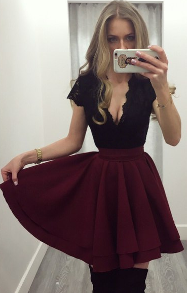 Deep V-neck Patchwork Splicing Lace Short Dress - Oh Yours Fashion - 1