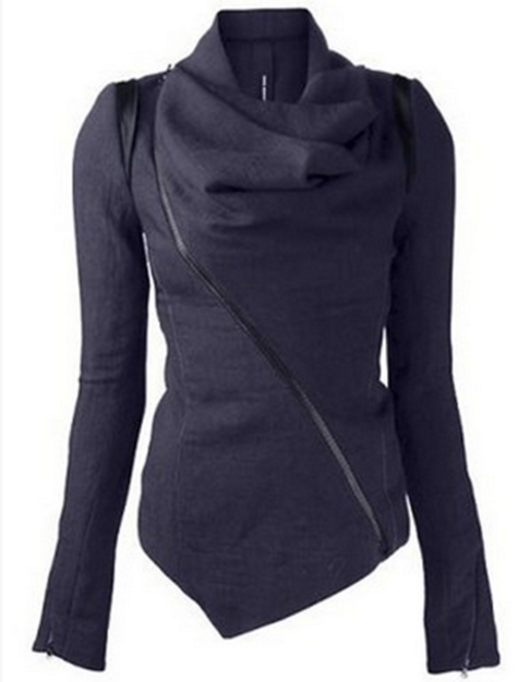 Oblique Zipper Shawl Collar Solid Short Slim Coat