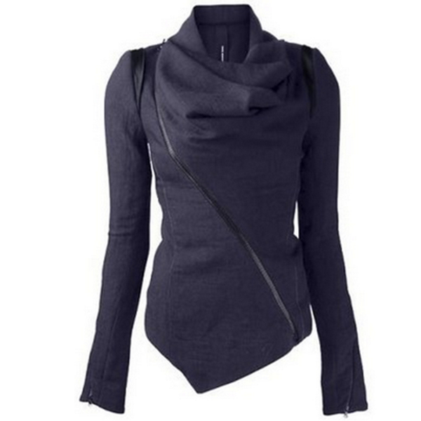 Oblique Zipper Shawl Collar Solid Short Slim Coat